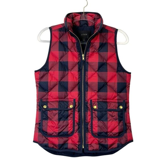 J Crew Quilted Down Puffer Vest Womens Size XS Red Buffalo Plaid - Picture 1 of 10